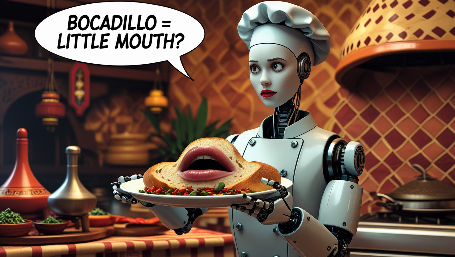 Humorous illustration of confused robot serving dish with literal human mouth, representing ChatGPT translation error confusing bocadillo with little mouth