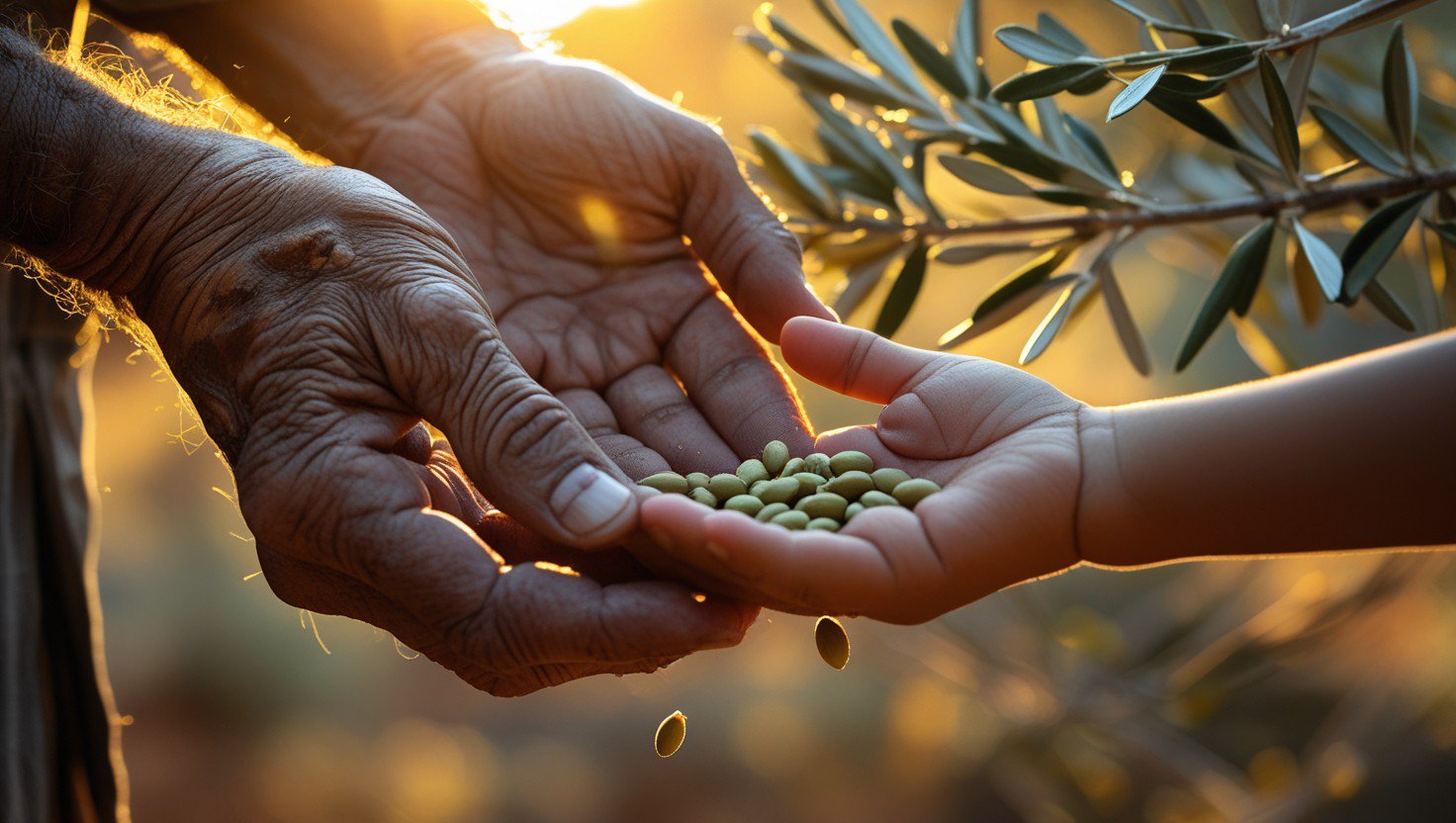 A grandfather's weathered hands placing olive pit in child's palm, symbolizing transmission of gana—willpower and ancestral knowledge in Jbala culture