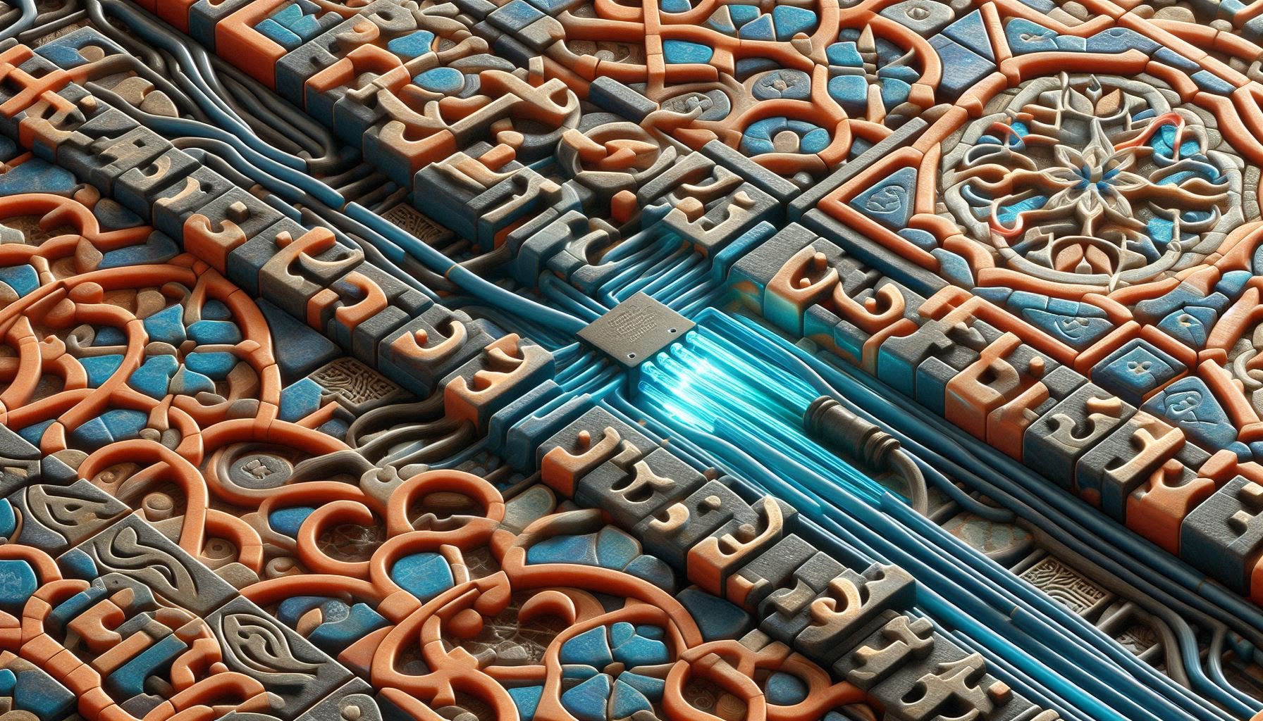 Une mosaïque de zellige complexe où des mots en calligraphie arabe et des lettres espagnoles s'entremêlent, avec un câble USB lumineux tissé à travers le motif, symbolisant la connexion entre l'héritage linguistique Jbala-Andalou et l'intelligence artificielle.
