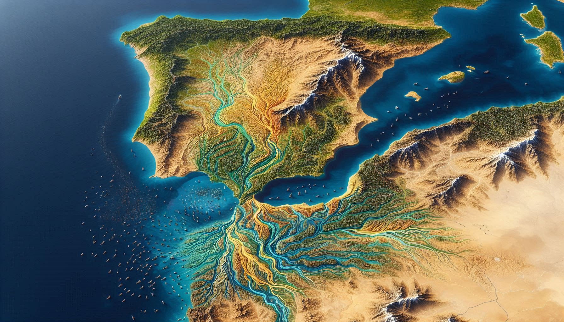 Stylized map of northern Morocco and southern Spain showing linguistic influences converging on the Jbala region