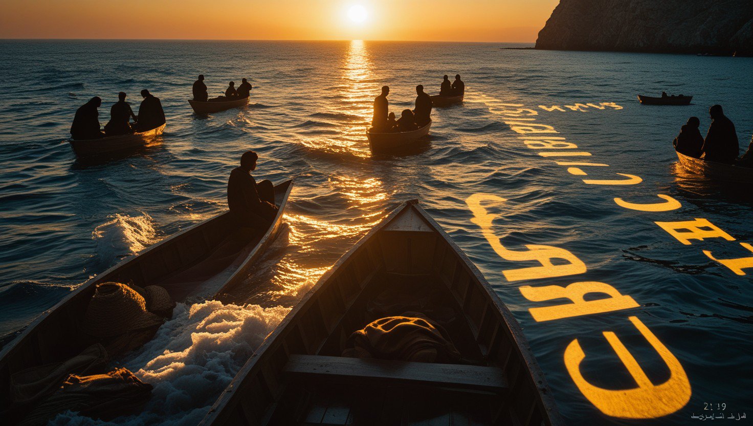 Poetic illustration of Morisco refugee silhouettes crossing Gibraltar Strait, their shadows casting Arabic and Spanish words on waves