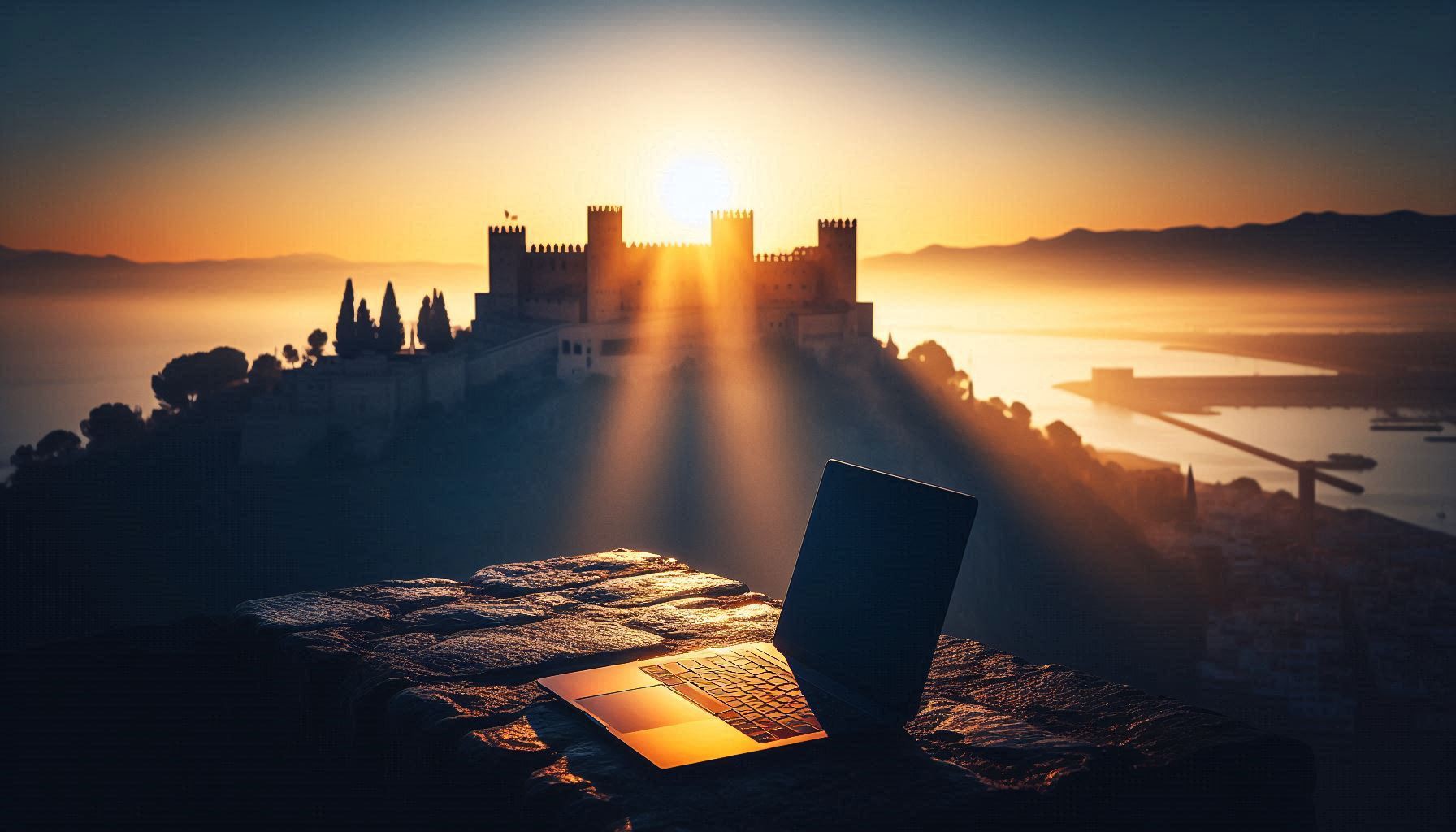 Sunrise at Malaga’s Alcazaba with laptop silhouette