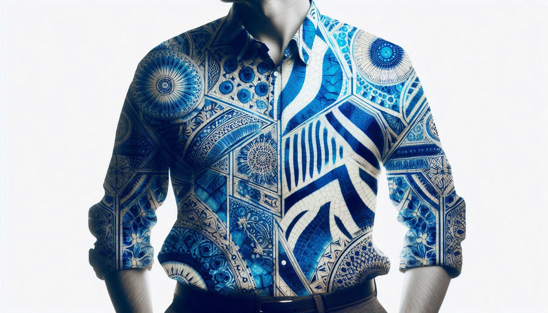 Iconic zebra shirt overlaid with cobalt zellige patterns