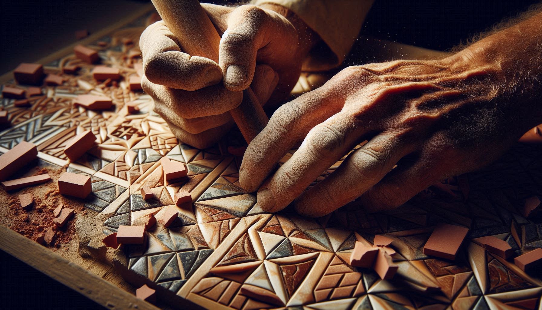 Close-up of weathered hands chiseling intricate zellige patterns