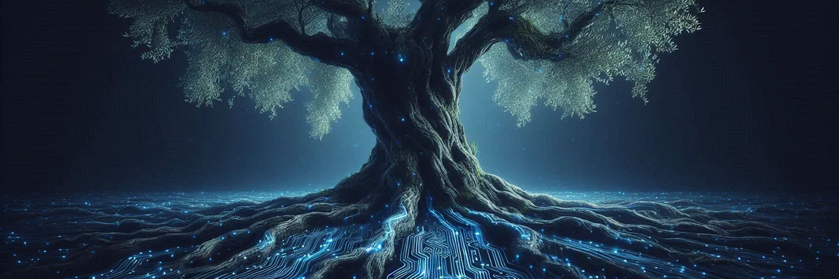 A symbolic image for the 'AI & The Future' section, where an ancient olive tree's gnarled roots seamlessly merge into glowing digital circuit patterns, visualizing the core philosophy of a hybrid alliance.
