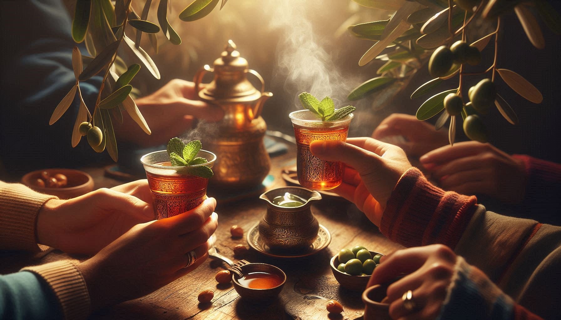 Hands holding mint tea cup under olive branches with no electronics in sight