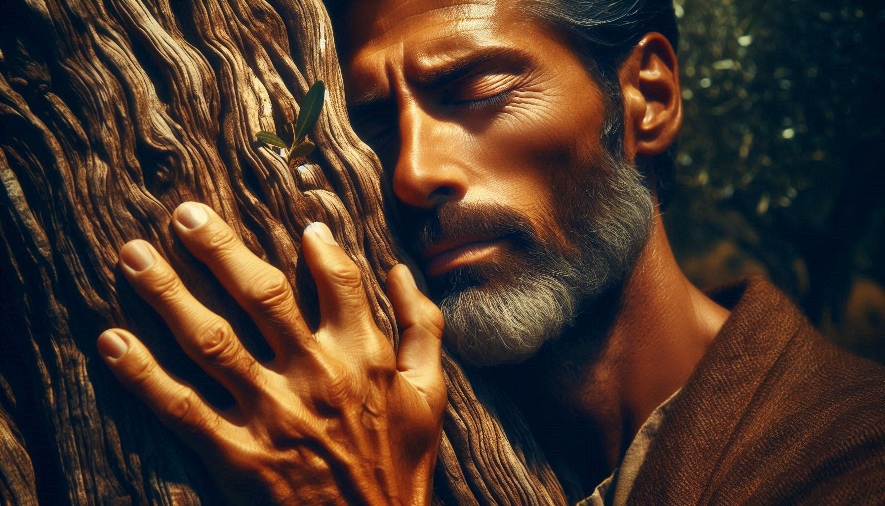 Hands and face against ancient olive bark in Casabermeja showing cross-species connection