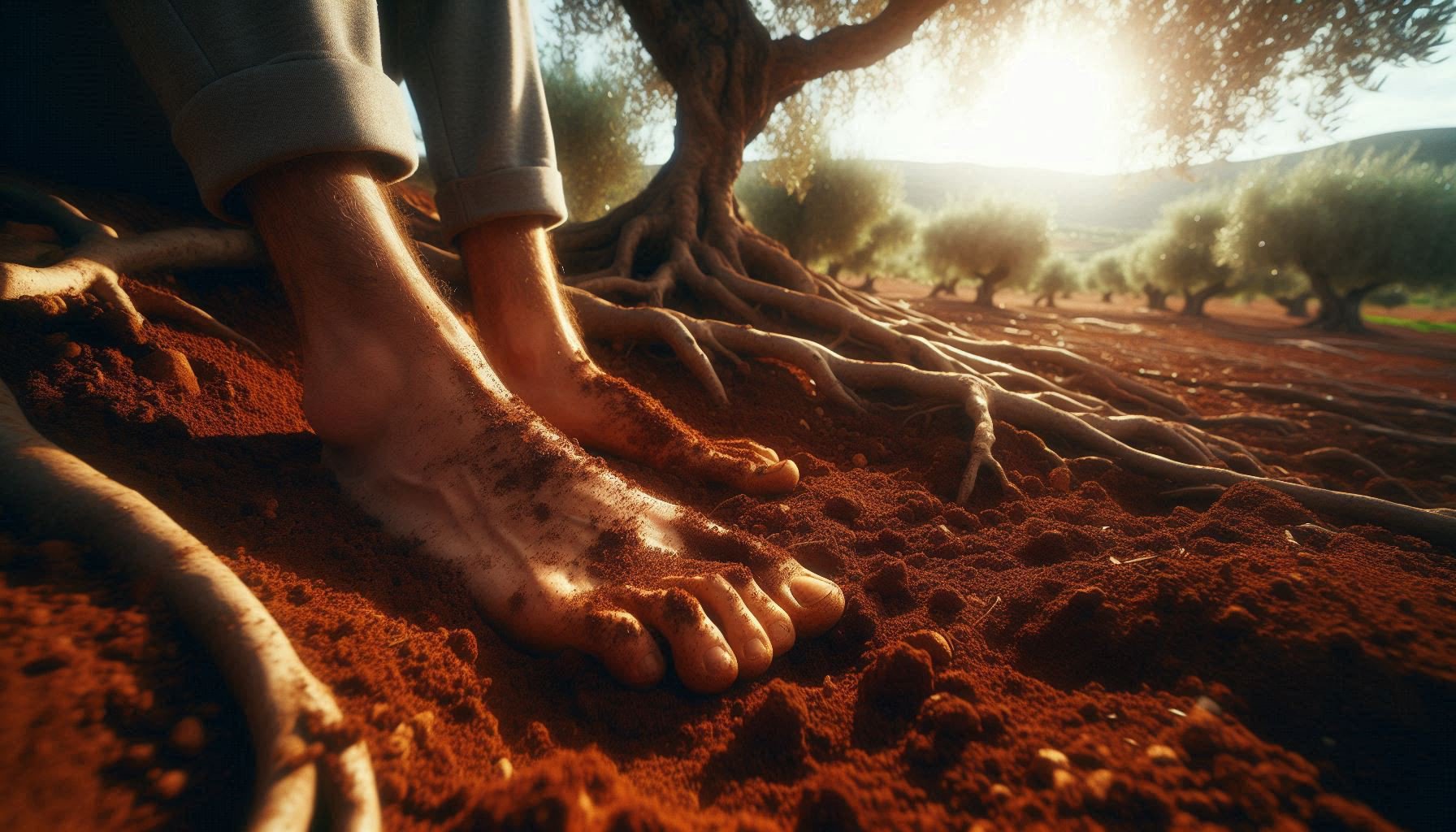 Bare feet on red Jbala soil with visible olive roots connecting to earth