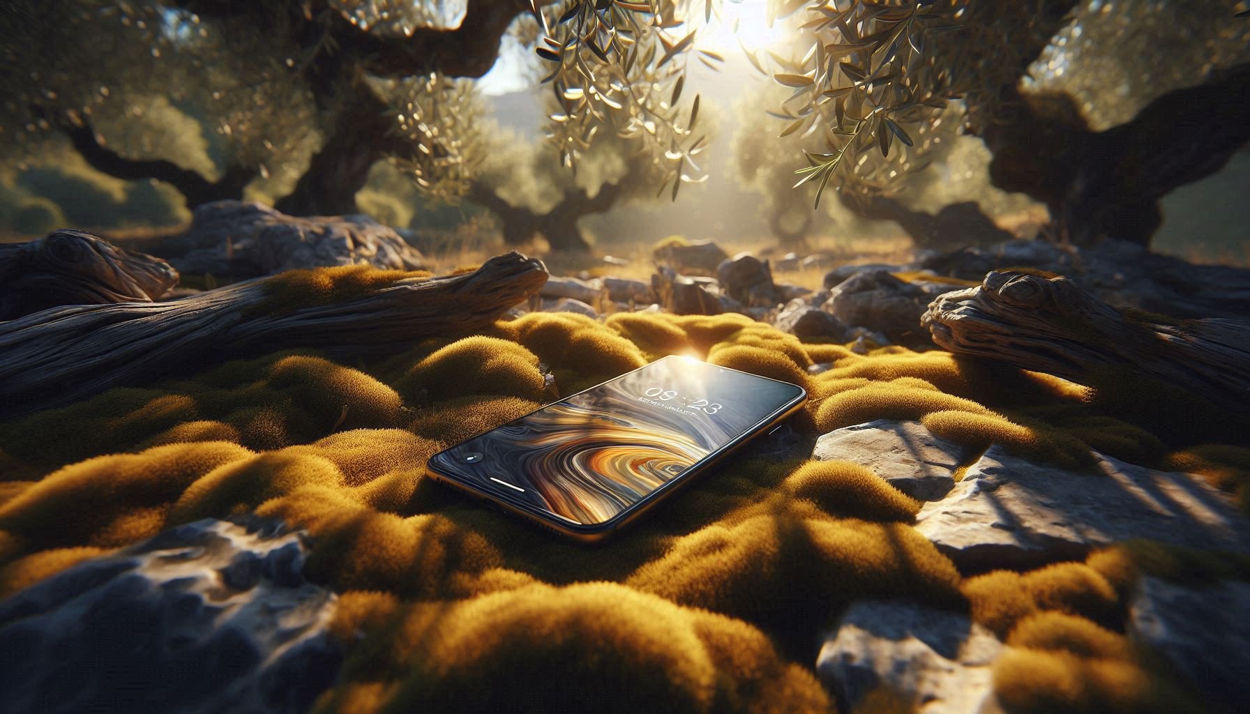 Abandoned smartphone under ancient olive tree - digital detox metaphor (Salah Nomad ritual)
