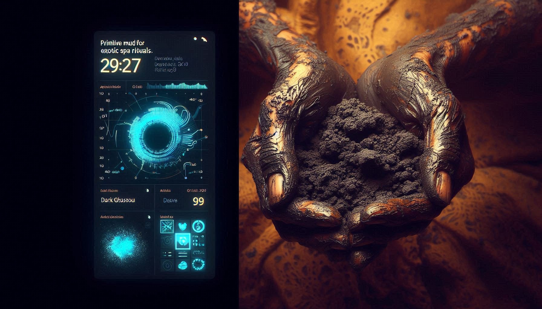 Diptych contrasting a sterile AI interface describing heritage as 'primitive mud' with the warm, textured hands of an elder holding sacred Moroccan Ghassoul clay