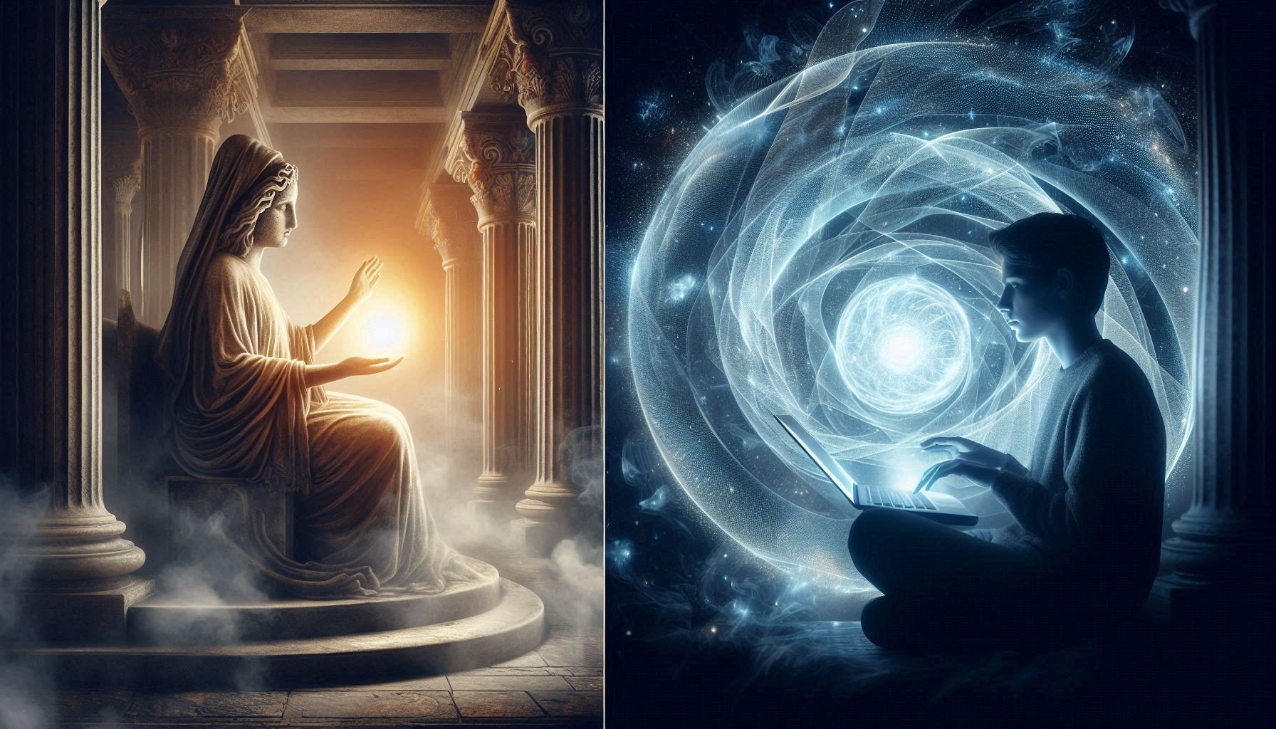 Visual analogy comparing the ancient Greek Oracle at Delphi consultation ritual with a modern user engaging in deep, meaningful dialogue with AI