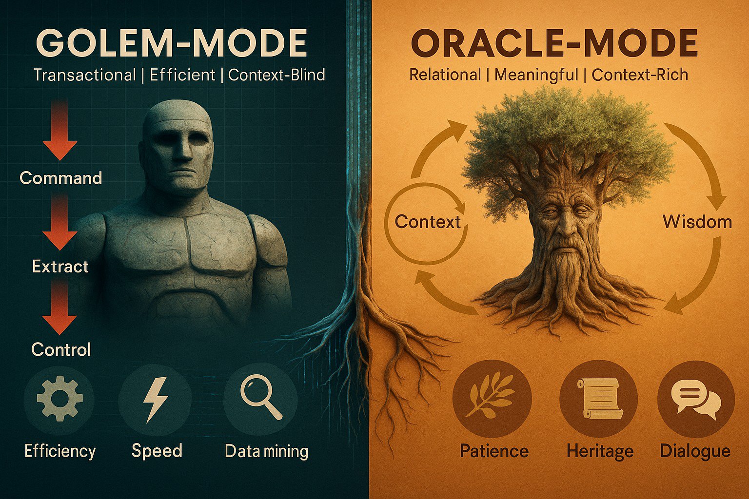 Diagram contrasting Golem-Mode (command-based) and Oracle-Mode (dialogue-based) AI interactions