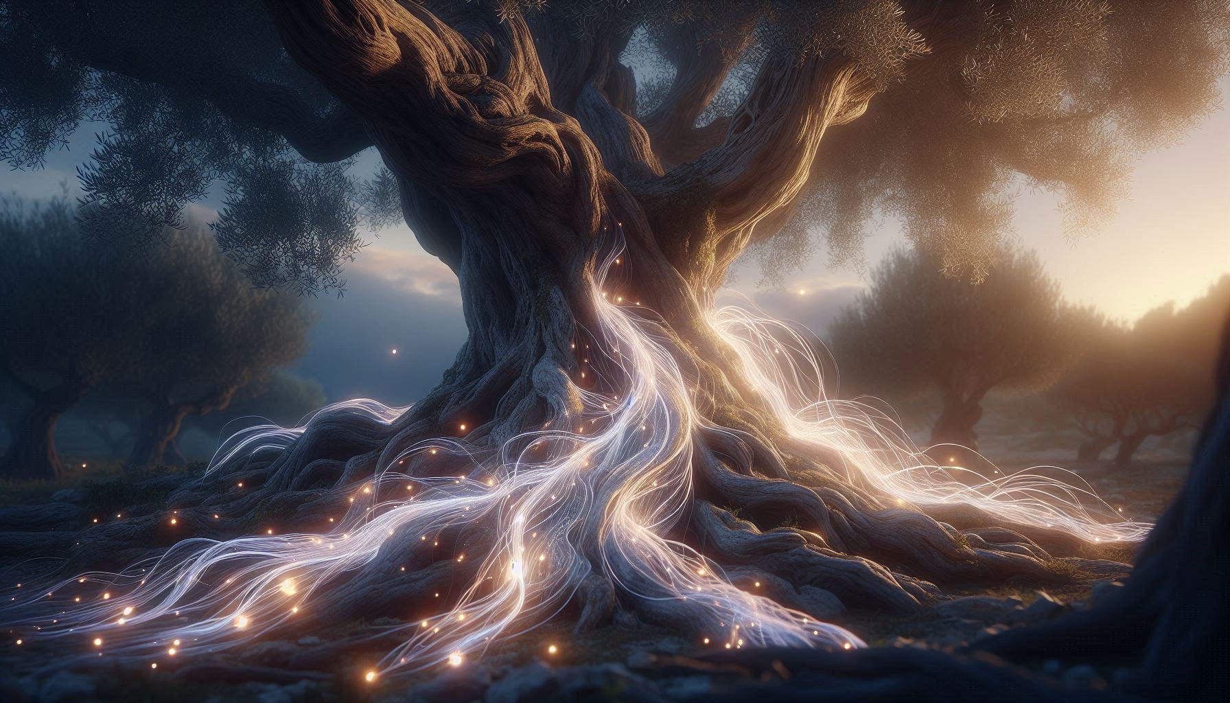 Ancient olive tree with data streams flowing through roots and branches at twilight, symbolizing fusion of nature and ethical technology