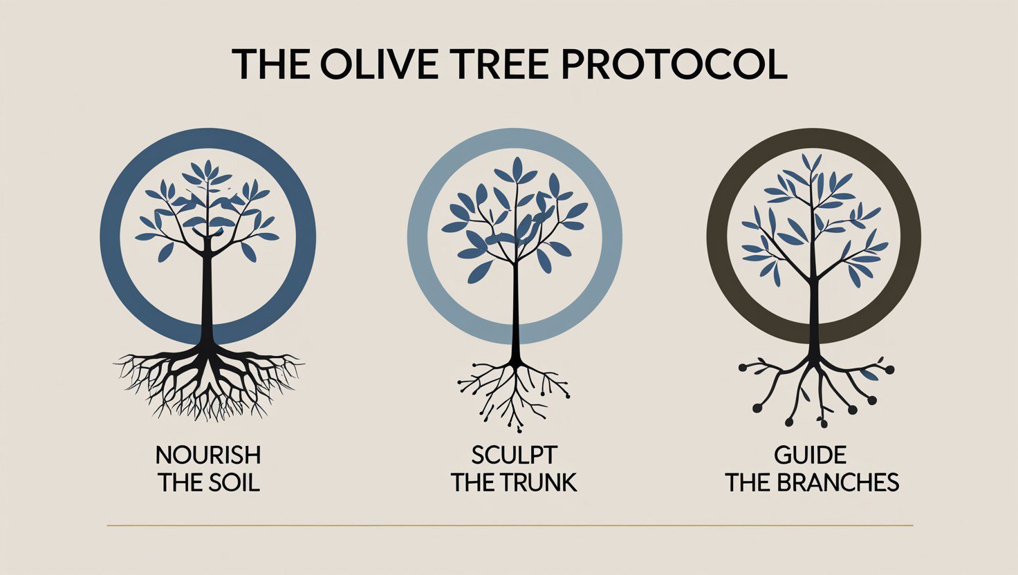 Infographic of the Olive Tree Protocol showing three stages for ethical AI interaction: Nourish the Soil (roots), Sculpt the Trunk (trunk), and Guide the Branches (branches)