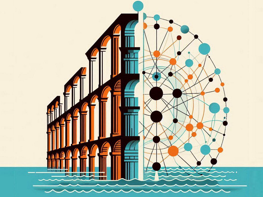 Visual comparison showing Roman hub-and-spoke architecture versus Phoenician interconnected node network