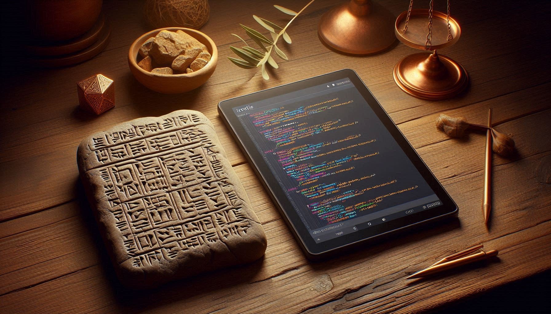 Ancient Phoenician clay contract displayed beside modern blockchain smart contract interface