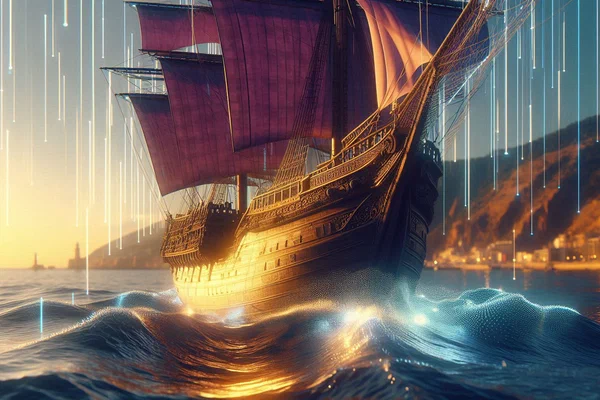 Phoenician ship sailing on digital blockchain nodes, fusing ancient Mediterranean trade routes with modern decentralized technology