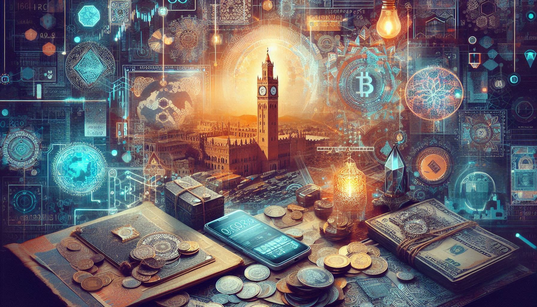 A historic clock tower amidst a fusion of ancient ledgers, scattered coins, modern currency, and glowing digital interfaces, symbolizing a journey through Salah Nomad's archived content and evolving insights.