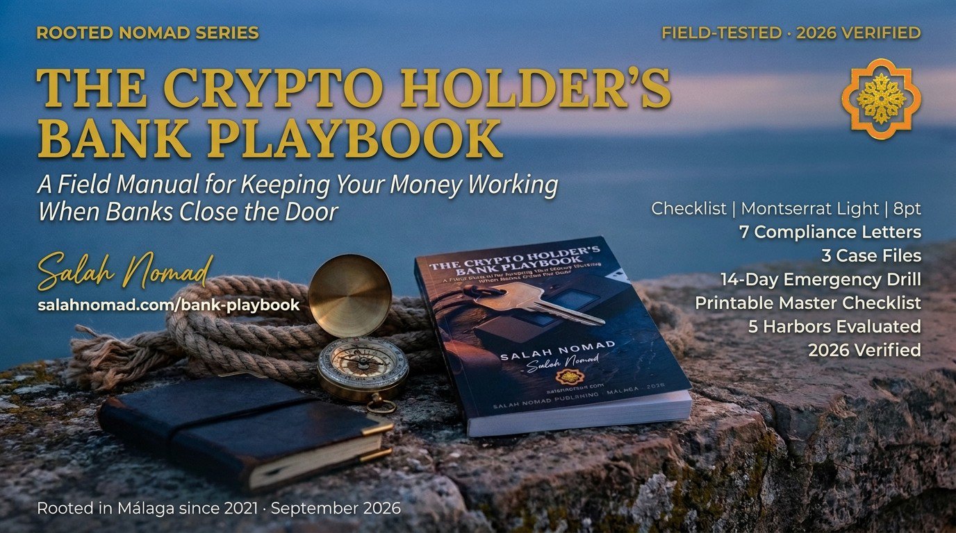 The Crypto Holder's Bank Playbook cover resting on a Mediterranean stone terrace at blue hour, with brass compass and coiled rope, title typography over the sea