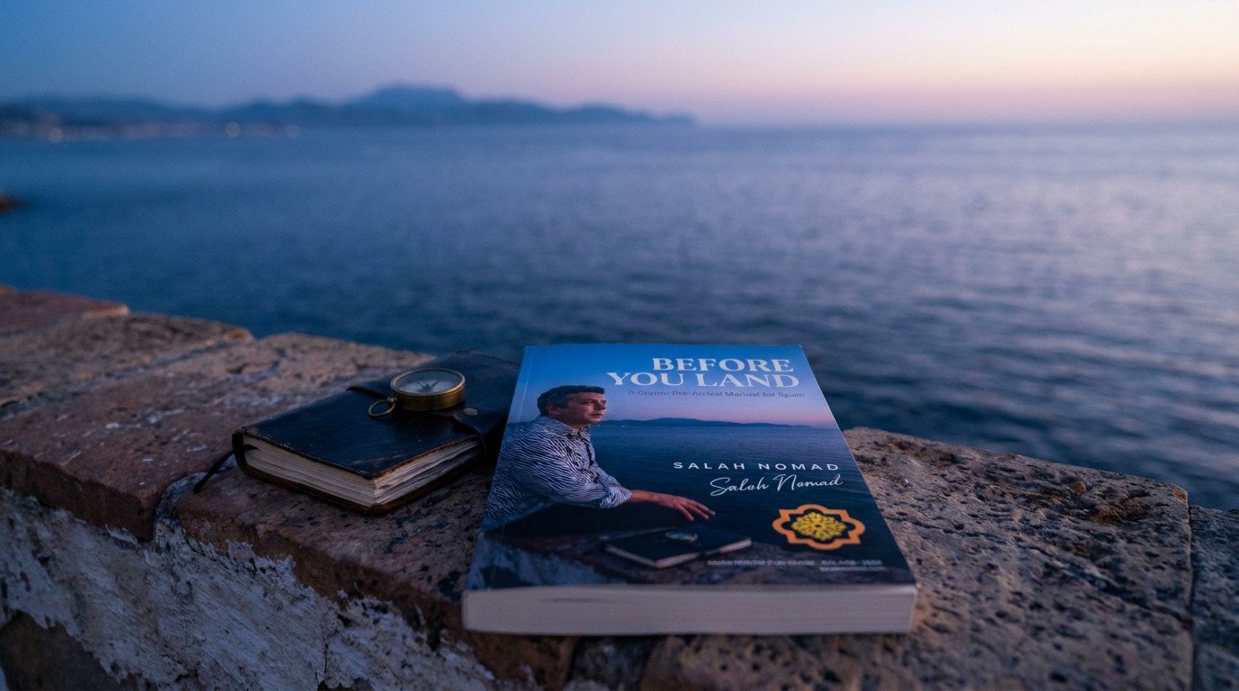 A physical copy of Before You Land resting on a weathered stone terrace at blue hour, beside a black leather notebook and an antique brass compass, with the Mediterranean Sea stretching to the horizon.