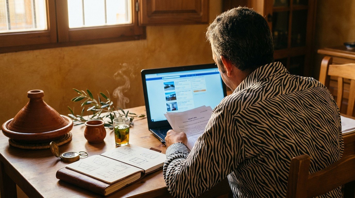 Salah Nomad from behind, working on property documents in a sunlit Málaga office with mint tea and olive branch — territorial due diligence methodology in practice