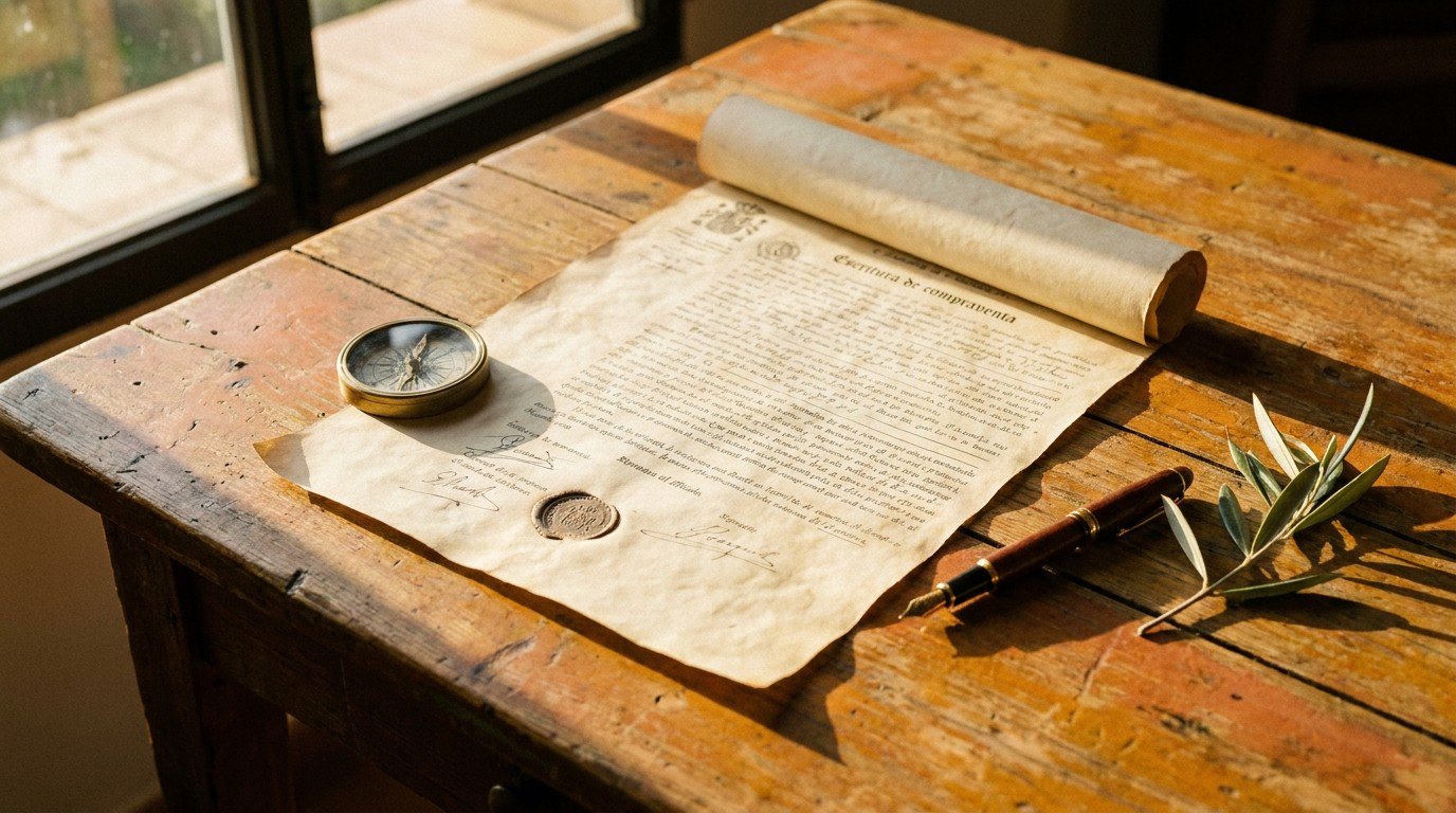 Spanish property deed on a wooden table with fountain pen, compass paperweight, and olive branch — due diligence documentation and legal review