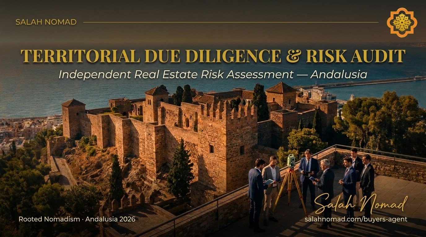 Aerial view of Málaga's Alcazaba at golden hour with Mediterranean Sea backdrop — Territorial Due Diligence hero image with typography overlay