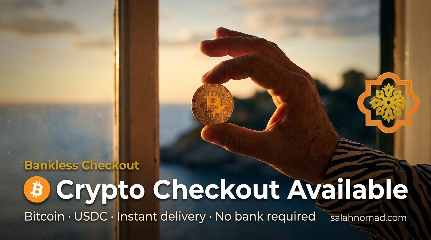 Crypto Checkout Available — Bitcoin and USDC accepted for instant payment, no bank required, at Salah Nomad's Territorial Due Diligence service