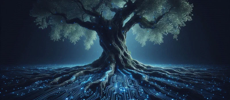 A symbolic image for the 'AI and The Future' section, where an ancient olive tree's gnarled roots seamlessly merge into glowing digital circuit patterns, visualizing the core philosophy of a hybrid alliance.
