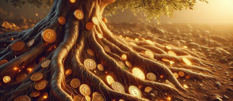 A conceptual image for 'Money and Freedom': a thriving, ancient olive tree whose deep, intricate roots are intertwined with antique and modern coins, symbolizing deep, resilient, and diversified wealth.
