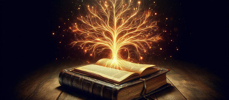 An open, ancient leather-bound book on a wooden table. From its pages, a glowing, intricate root system grows outwards, symbolizing how personal narratives are the living source of the Rooted Nomadism philosophy.