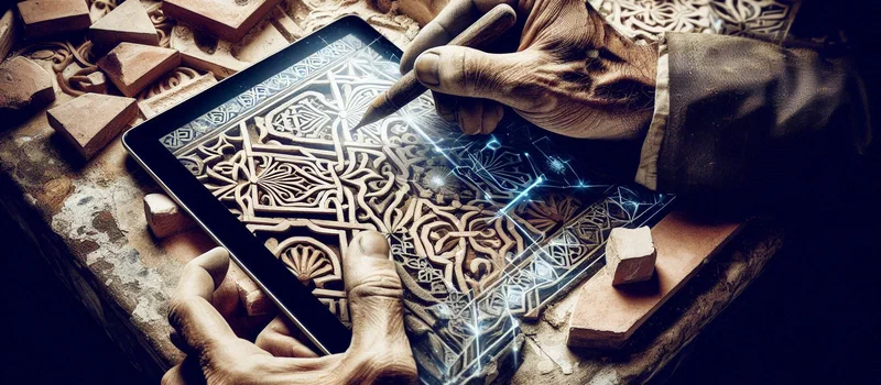 A conceptual image for 'Work and Productivity': the weathered hands of an artisan carving a zellige tile that seamlessly transforms into a perfectly organized digital interface.