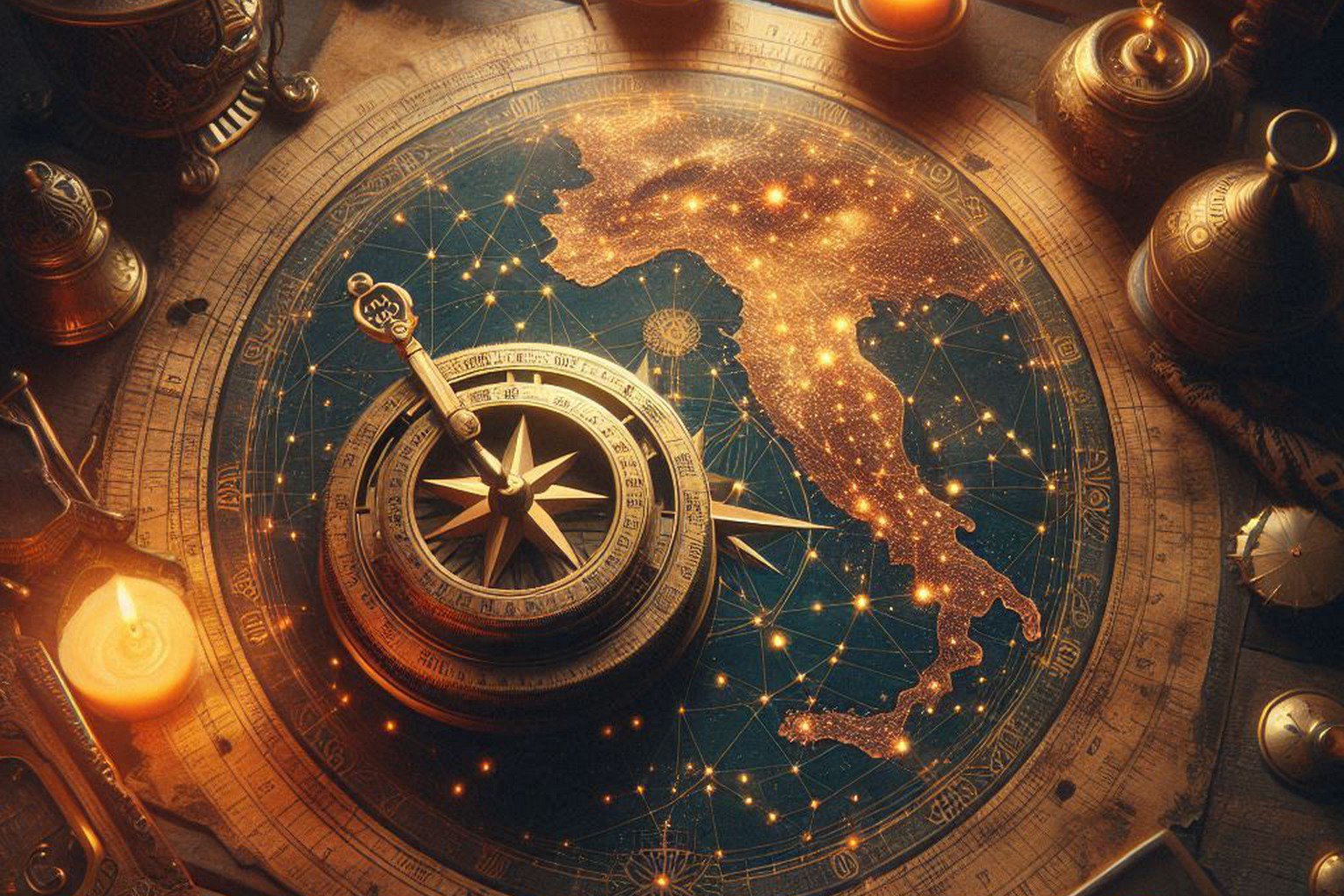 An antique brass compass open on a large, hand-drawn map of the Mediterranean, with key concepts like 'Zellige' and 'Olive Grove' sketched as constellations, symbolizing a guide to philosophical frameworks.