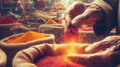 A spice merchant's hand offering saffron, symbolizing the Souk Algorithm for authentic value.