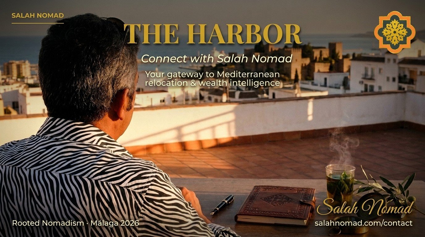 Salah Nomad's Harbor – Mediterranean contact page hero with golden hour Málaga coast, zebra-striped silhouette, and typography overlay