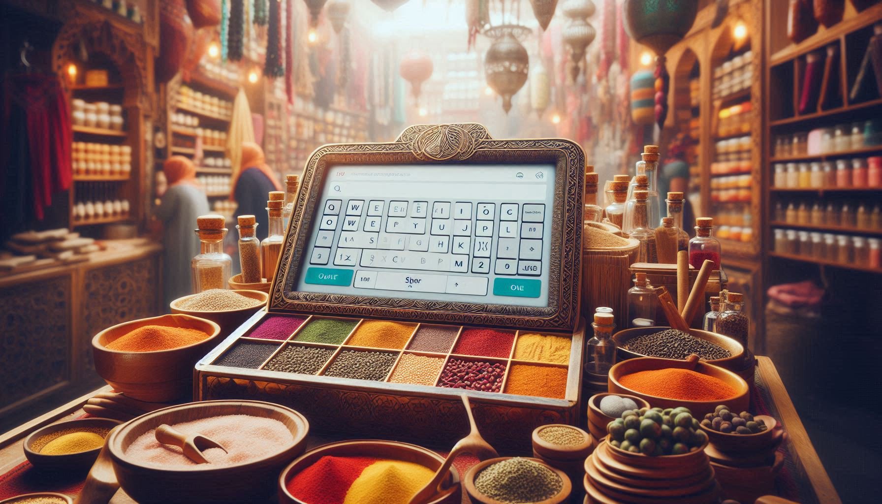 A digital tablet displaying a keyboard, set amidst a vibrant Moroccan souk scene with colorful spices and traditional goods, symbolizing modern contact in a traditional setting.