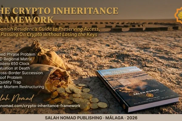 Three burlap sacks spilling polished gold Bitcoin coins across dry Andalusian earth at dusk, a hardcover copy of The Crypto Inheritance Framework lying on the ground beside them, and a circular cemetery silhouetted on the far horizon.