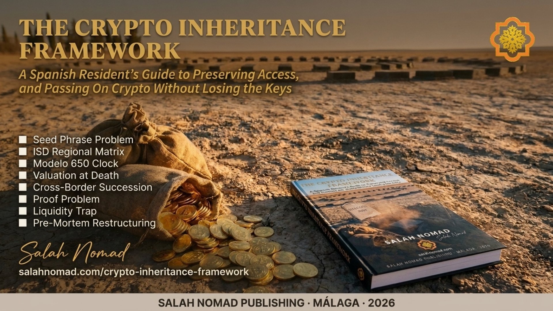 Three burlap sacks spilling polished gold Bitcoin coins across dry Andalusian earth at dusk, a hardcover copy of The Crypto Inheritance Framework lying on the ground beside them, and a circular cemetery silhouetted on the far horizon.
