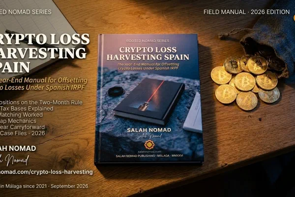 A hardcover book titled Crypto Loss Harvesting Spain lies flat on an aged oak desk at blue hour. Its cover shows three cream-white lines — CRYPTO LOSS, HARVESTING, SPAIN — and a thin red line descending through charcoal. Beside the book: an open notebook with a column of handwritten numbers in dark ink, a matte black mechanical pencil, and a small jute sack spilling bright gold Bitcoin coins across the wood. Blue-hour light rakes from the upper left; the right side of the frame falls into cool shadow.