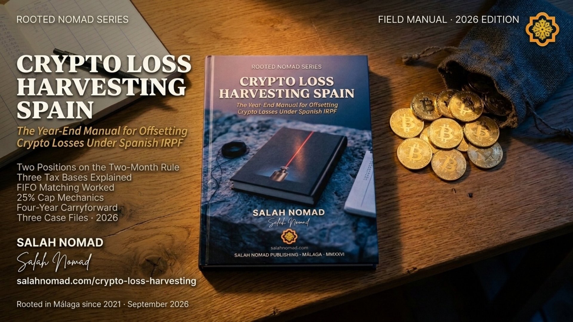 A hardcover book titled Crypto Loss Harvesting Spain lies flat on an aged oak desk at blue hour. Its cover shows three cream-white lines — CRYPTO LOSS, HARVESTING, SPAIN — and a thin red line descending through charcoal. Beside the book: an open notebook with a column of handwritten numbers in dark ink, a matte black mechanical pencil, and a small jute sack spilling bright gold Bitcoin coins across the wood. Blue-hour light rakes from the upper left; the right side of the frame falls into cool shadow.