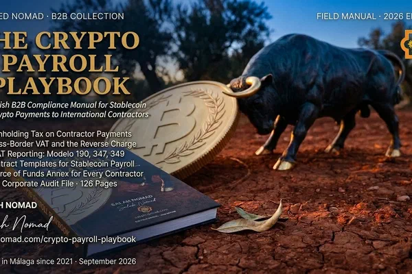 A physical hardcover copy of The Crypto Payroll Playbook resting on cracked red earth in an Andalusian olive grove at blue hour, with a monumental bronze bull and a colossal engraved gold bitcoin coin in the middle distance.