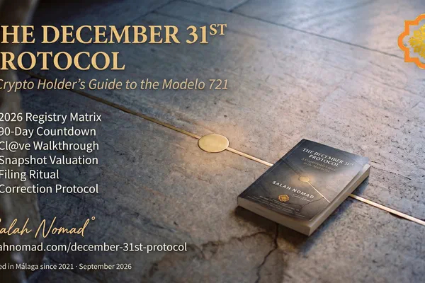The December 31st Protocol — a brass line inlaid in aged Mediterranean stone at blue hour