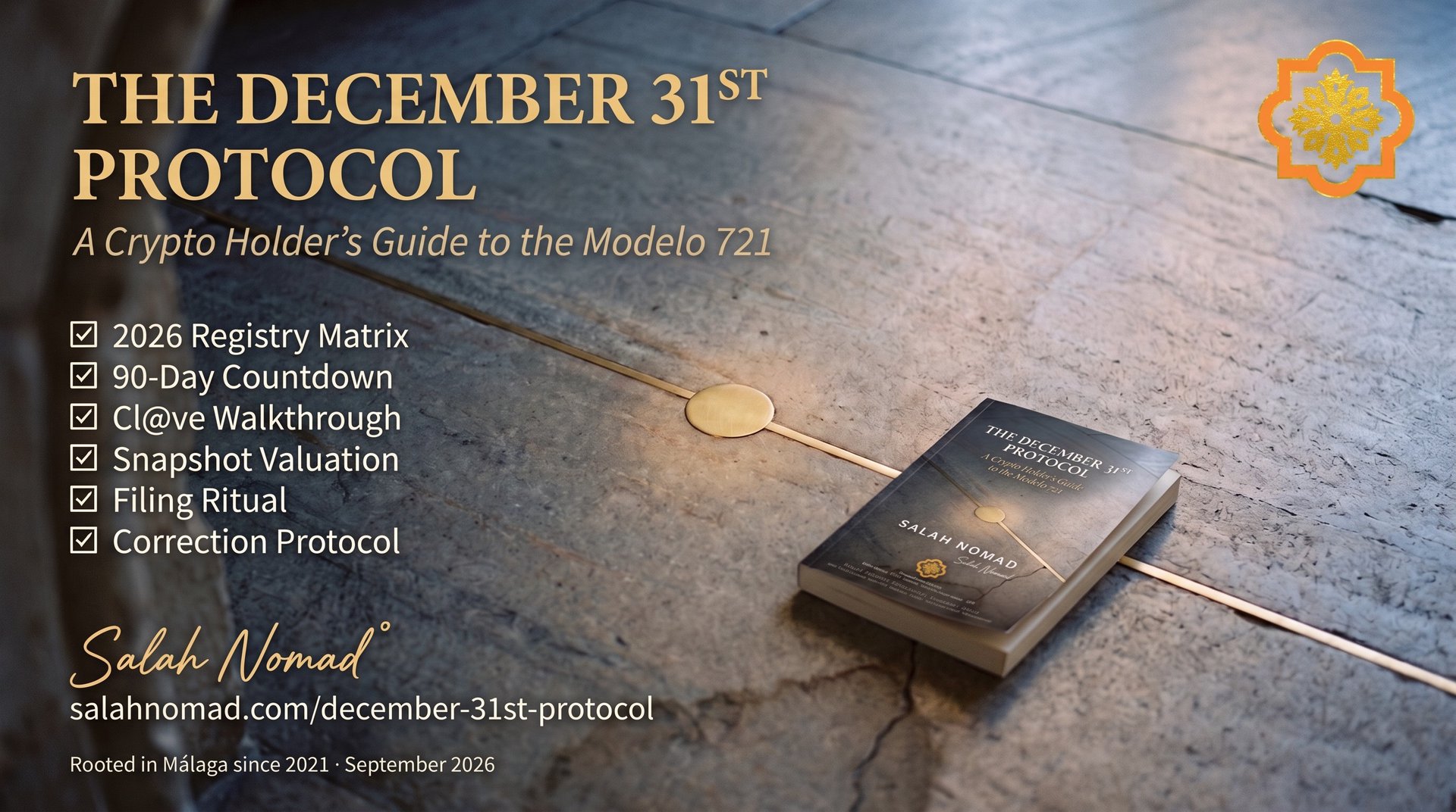 The December 31st Protocol — a brass line inlaid in aged Mediterranean stone at blue hour