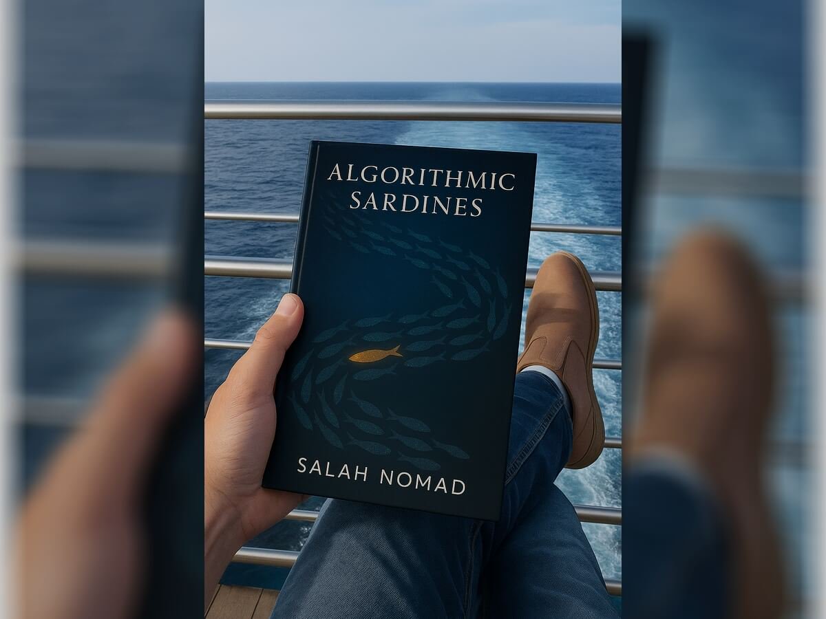 A paperback copy of Algorithmic Sardines resting on a ferry handrail, the Mediterranean wake stretching behind it.