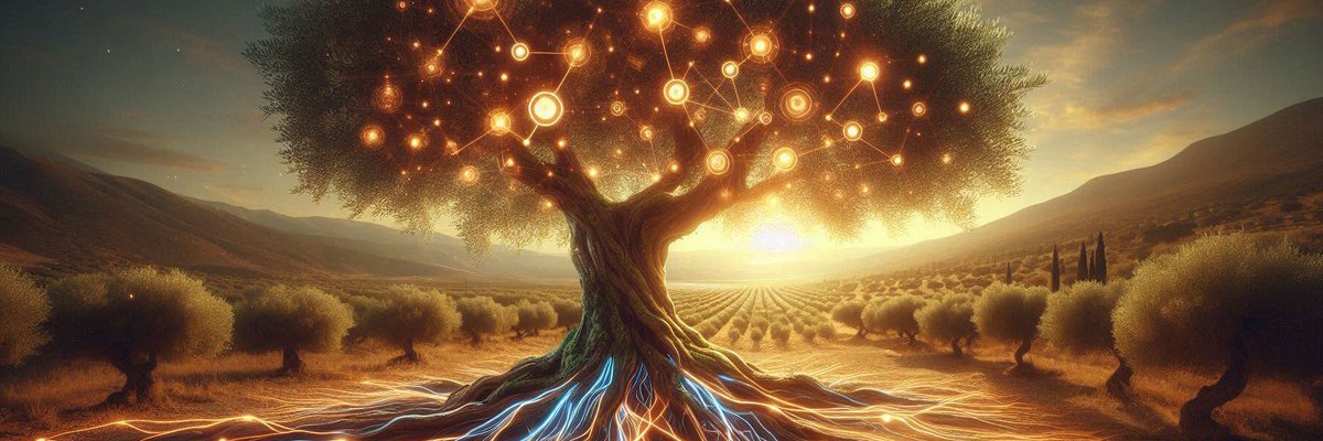Ancient olive tree with digital nodes symbolizing the fusion of ancestral wisdom and modern technology