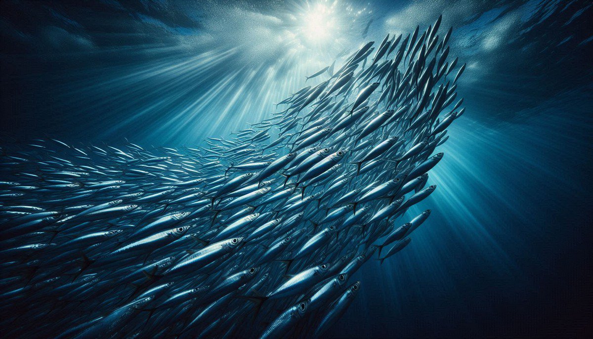A school of silver sardines swimming in unison, forming a powerful arrow shape, symbolizing the Algorithmic Sardine philosophy of purposeful movement.