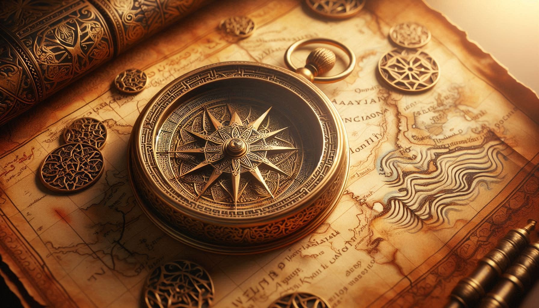 An antique brass compass resting on a vibrant, detailed cultural map of the Mediterranean, symbolizing the art of mindful navigation.