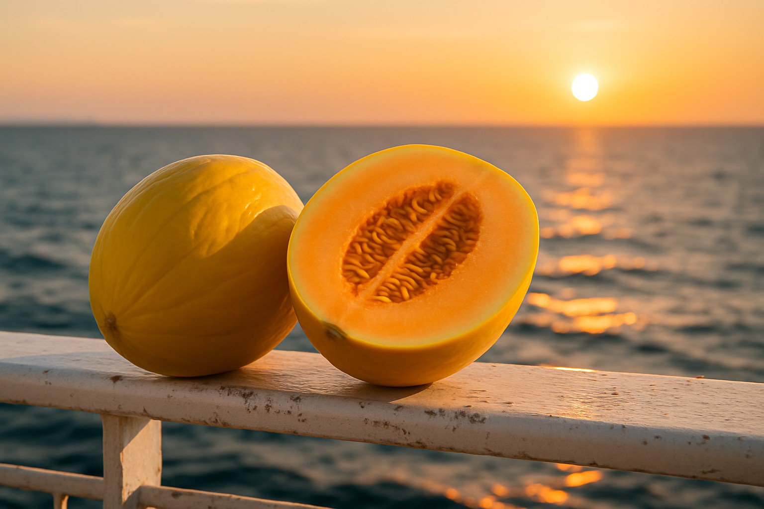 A ripe Canary melon split open on a rustic wooden table, its seeds forming the shape of a compass rose, set against a backdrop of a Mediterranean seaside town.
