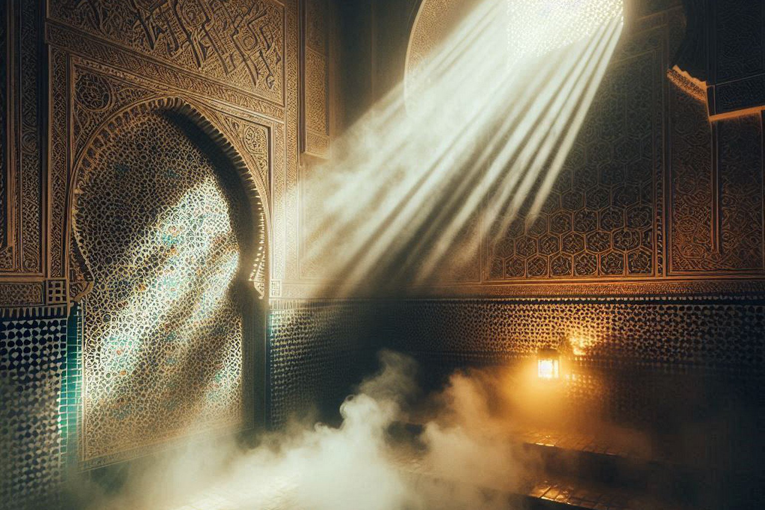 A single, intense shaft of light pierces the steam in a traditional, ornate Moroccan hammam, illuminating the texture of ancient tiles and creating a sanctuary-like atmosphere.
