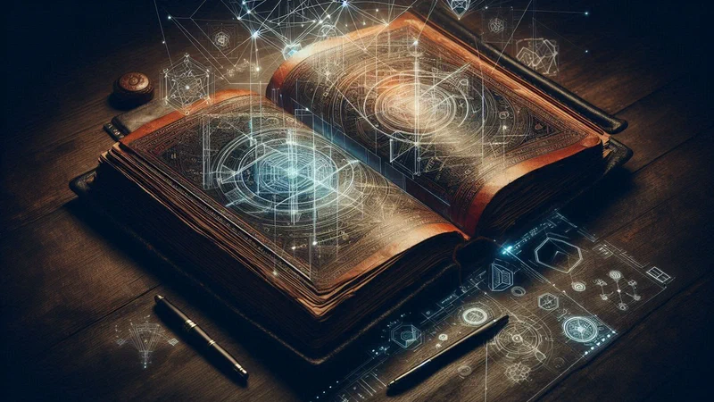 An ancient manuscript on a scholar's desk, its geometric patterns glowing and transforming into a digital interface, symbolizing the Rooted Nomad Glossary.